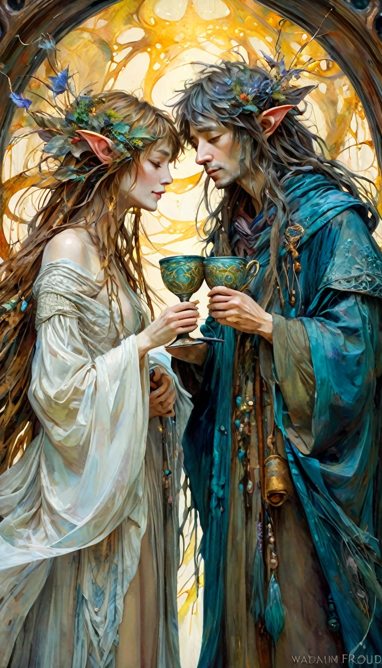 loving couple look at each other and toast with two luxurious cups, luxurious cups(art inspired by Brian Froud and Carne Griffiths and Wadim Kashin, intricate details, oil painting)
