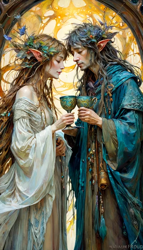 loving couple look at each other and toast with two luxurious cups, luxurious cups(art inspired by Brian Froud and Carne Griffit...