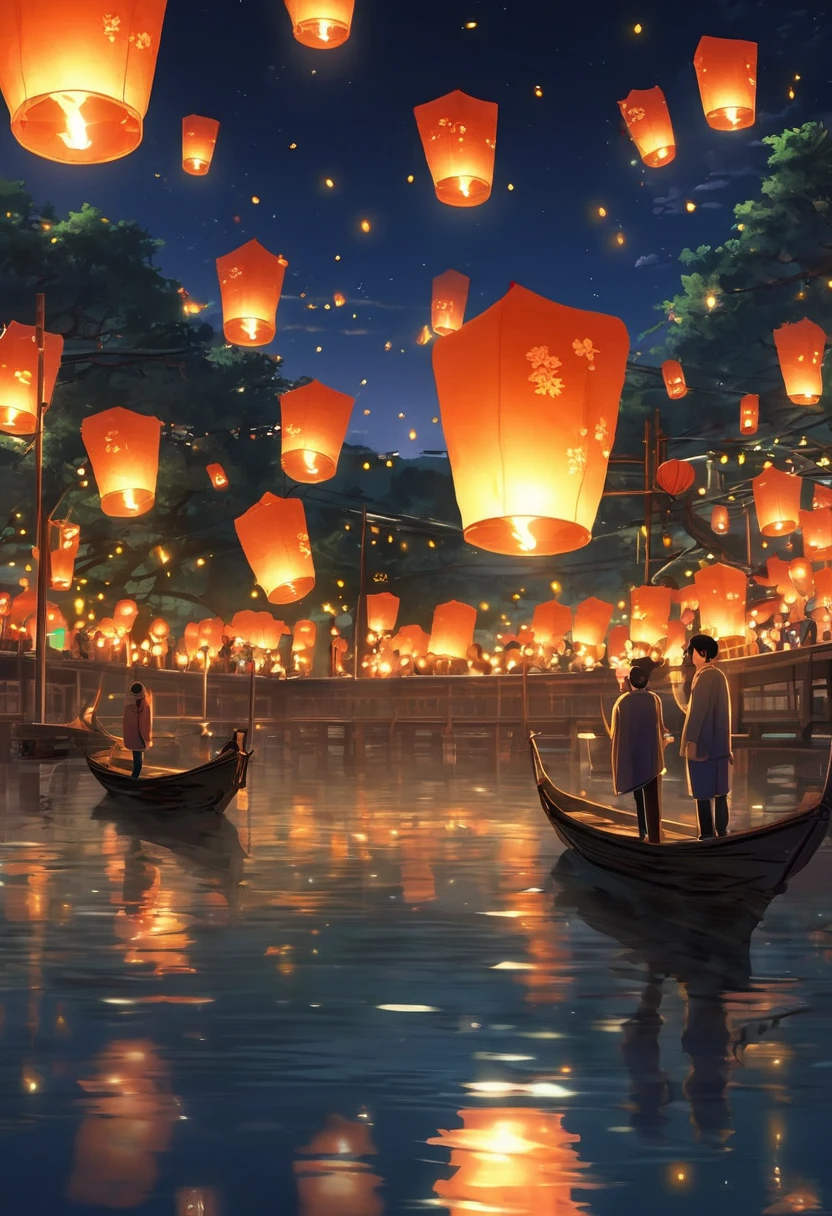 1.Place the river lanterns by the river，Many sky lanterns are lit on the water, floating lights, Lights and reflections, Glowing lights! Intermediate Metaverse Elements，number, glowing reflections, think. author：Shinkai Makoto, Water Lanterns, A quiet night. Digital Illustration, Beautiful Ambience, Night sky lights, Peaceful evening atmosphere, 美丽的number艺术作品, Low Detail. number, Beautiful Ambience