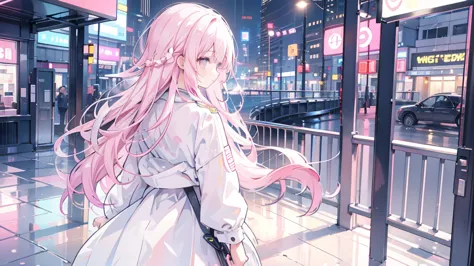 Pinkish white hair, wavy hair, girl, neon city, raincoat, back, overlooking the scenery