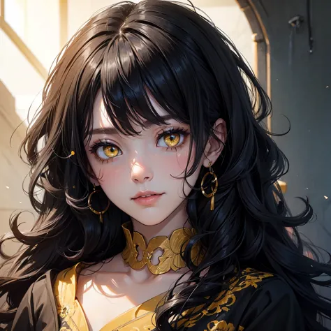 (portrait:1.5), 8k、Black Hair Curly Hair、Yellow eyes, woman