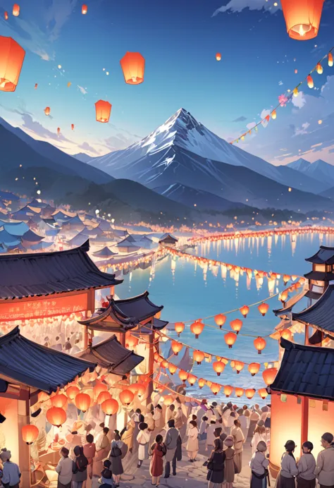 sea，mountain peak，(((festival，kongming lantern wishing lantern)))，beautiful and dreamy pictures