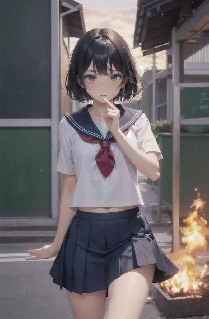 Highest quality , High resolution , Detailed CG , short hair , Sailor suit , Navy Blue Skirt , Modest chest , Black Hair , Two limbs , Optimal ratio , Embarrassed expression , Burning cheeks , School , Schoolyard , touching one&#39;s own breasts with one&#39;s own hands , Facial expression when orgasm is reached , Panty shot , Nipples are visible ,No bra , Her nipples are visible through her white shirt 