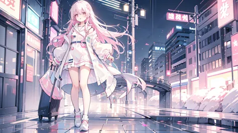 Pinkish white hair, wavy hair, girl, neon city, raincoat, angry, mouth wide open, full body composition