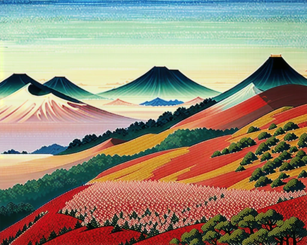 best quality,masterpiece,highly detailed,ultra-detailed, katsushikahokusai, èé£¾ åæ,mountainous horizon, scenery, no humans, trees