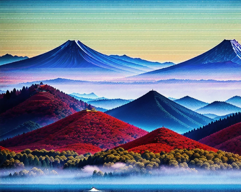 best quality,masterpiece,highly detailed,ultra-detailed, katsushikahokusai, èé£¾ åæ,mountainous horizon, scenery, no humans, trees