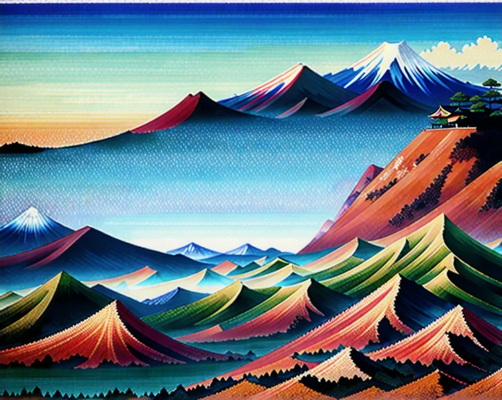 best quality,masterpiece,highly detailed,ultra-detailed, katsushikahokusai, èé£¾ åæ,mountainous horizon, scenery, no humans, trees