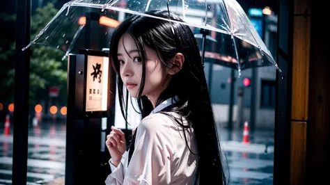 One girl, Long black hair, Uniform, shy, blush, Wet, rain, transparent, (masterpiece, Highest quality), Soft Light, Structure of...