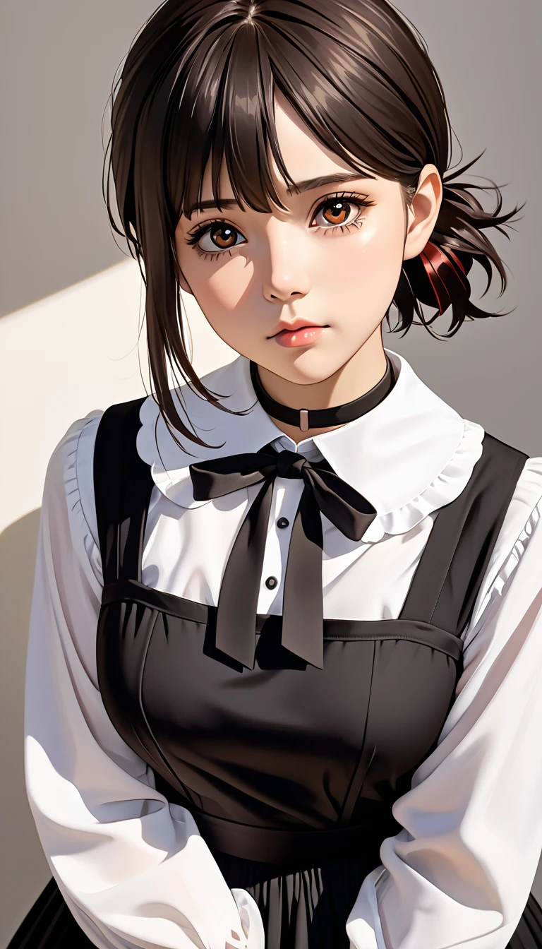 (（（Perfect body,White and tender skin,（（（black dress, pinafore dress, sleeveless dress, white shirt, black ribbon, neck ribbon, long sleeves, black choker，）））,（（（Kobeni Higashiyama, black hair, hair ornament, hairclip, ponytail, short hair, (brown eyes:1.5),）））,((masterpiece)),highres,((Best quality at best)),masterpiece,quality,Best quality,(（（ Exquisite facial features,Looking at the audience,There is light in the eyes,(（（frown，Wronged））），Look up）））,（（（Light and shadow,Huge breasts,）））,（（（Looking at the camera,White background)））)