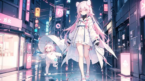 Pinkish white hair, wavy hair, girl, neon city, raincoat, wearing a mask, full body composition