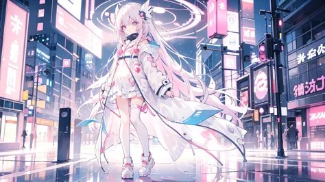 Pinkish white hair, wavy hair, girl, neon city, raincoat, wearing a mask, full body composition