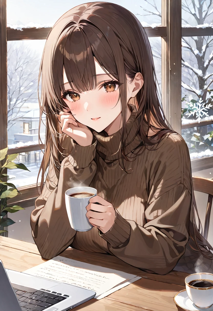 masterpiece, best quality, ultra detailed, a cozy indoor scene featuring a young woman with long, dark brown hair and bangs, sitting at a wooden table in a cafe. She is wearing a fitted, dark turtleneck sweater. The woman has a gentle and shy expression, with a blush on her cheeks. She holds a steaming cup of coffee with both hands, close to her face. In front of her, on the table, is an open laptop and a piece of paper with some writing. The background shows a snowy outdoor scene visible through a large window, with snowflakes gently falling. The cafe interior has warm lighting and a modern, cozy design, with some green plants adding a touch of nature. The atmosphere is peaceful and inviting, perfect for relaxing and enjoying a hot drink on a cold day.