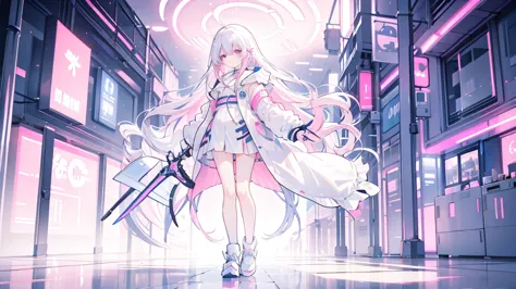 Pinkish white hair, wavy hair, girl, neon city, raincoat, sword facing forward, full body composition