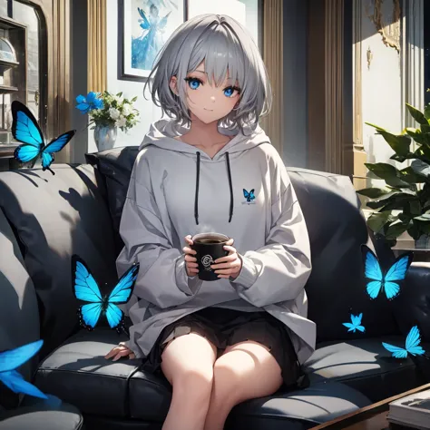 (((1 person　Gray Hair　Sit on the sofa　Crossing your legs　blue eyes)))　((High resolution　short hair　hoodie　Black Skirt　Rin々Funny ...