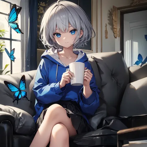 (((1 person　gray hair　sit on the sofa　crossing your legs　blue eyes)))　((high resolution　short hair　hoodie　black skirt　rin々funny ...