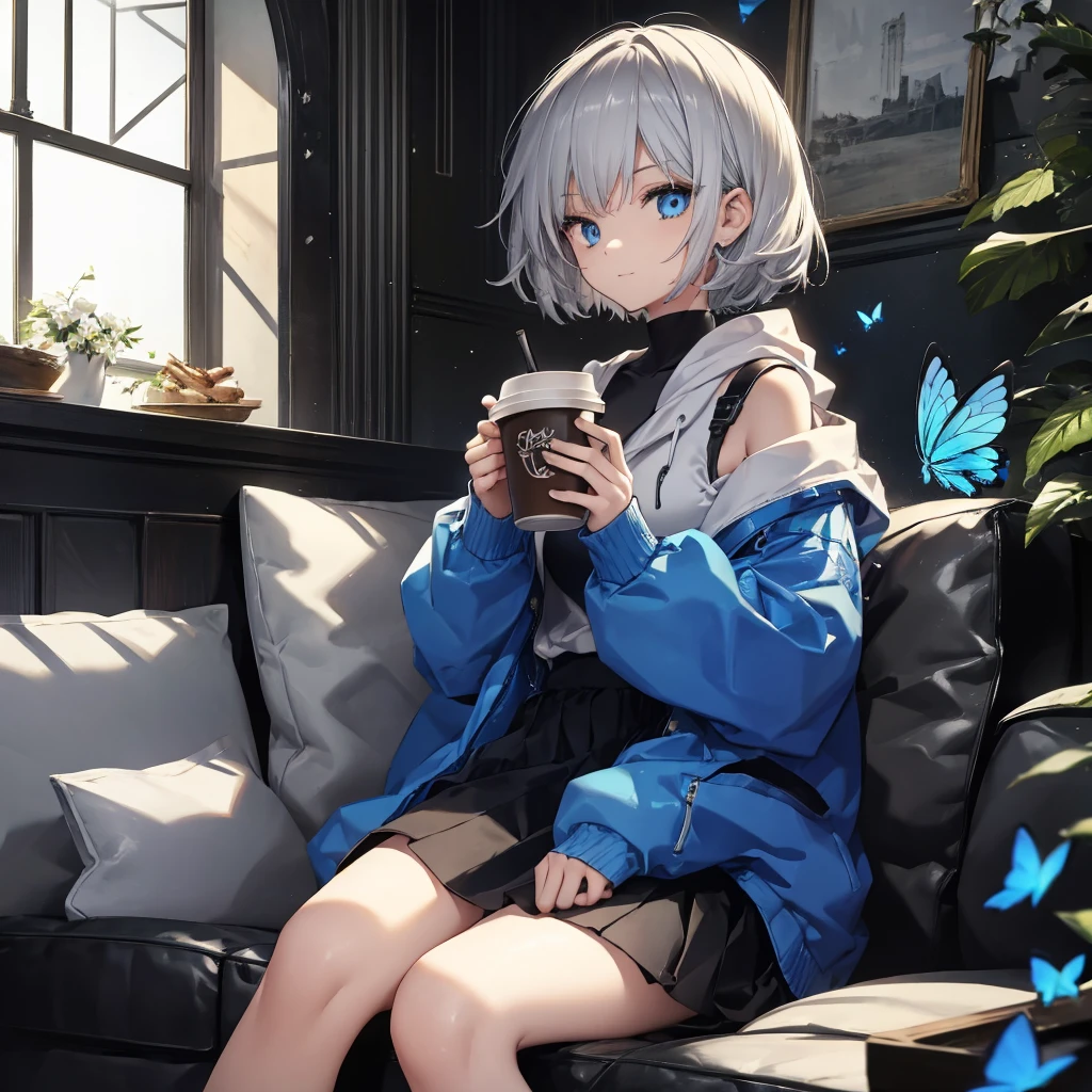 (((1 person　Gray Hair　Sit on the sofa　Crossing your legs　blue eyes)))　((High resolution　short hair　hoodie　Black Skirt　Rin々Funny face))　((Close-up))　((Blue butterfly　Asahi　Shining Aura　Catch the wind　Holding a cup　Drink coffee))　(smile　Bathed in light)　Shining Background　Shining Edge