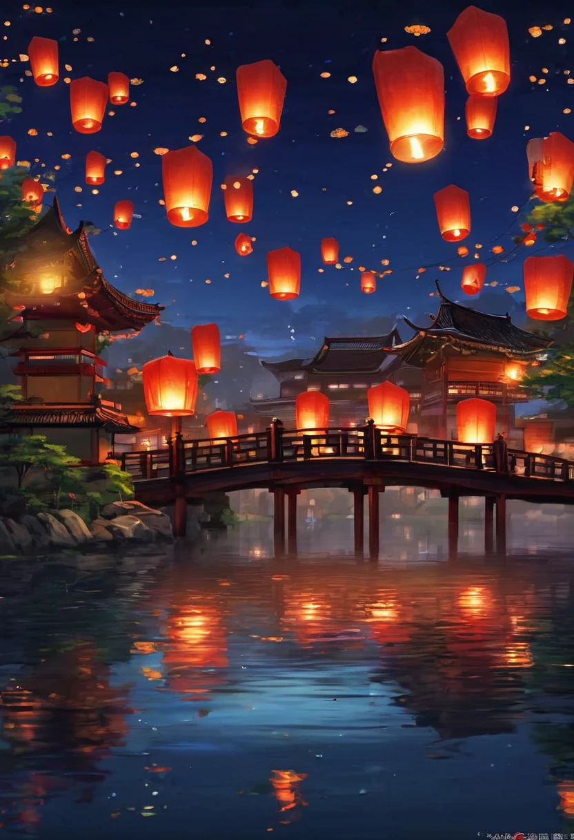 1.Place the river lanterns by the river，(((Kongming Lantern Wishing Lantern)))Many sky lanterns are lit on the water, floating lights, Lights and reflections, Glowing lights! Intermediate Metaverse Elements，number, glowing reflections, think. author：Shinkai Makoto, Water Lanterns, A quiet night. Digital Illustration, Beautiful Ambience, Night sky lights, Peaceful evening atmosphere, 美丽的number艺术作品, Low Detail. number, Beautiful Ambience