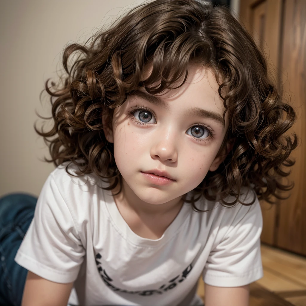 Cute boy with big curly brown hair, eyes browns, skin fair, Pixar - SeaArt  AI