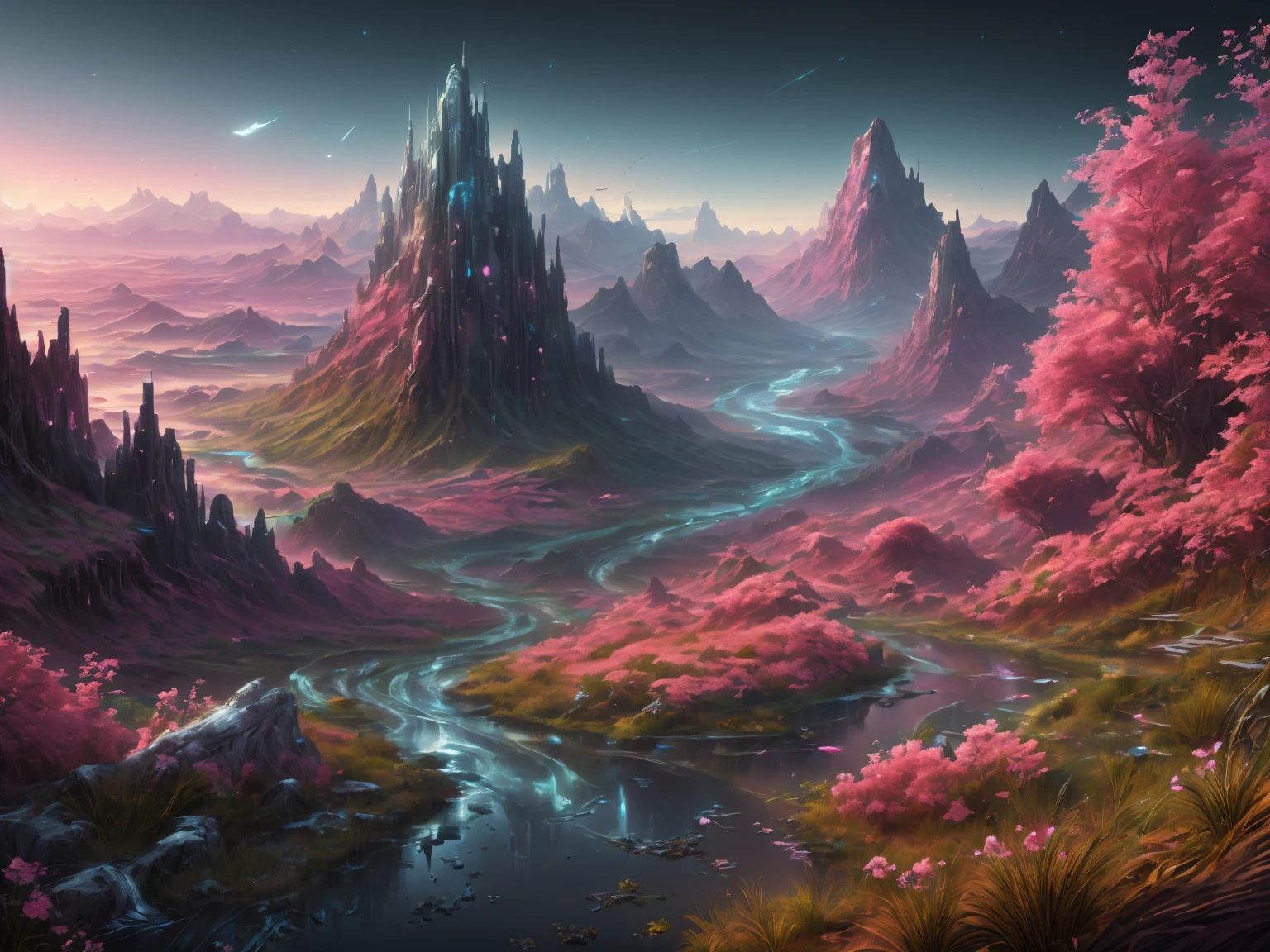 ((best quality)), ((masterpiece)), ((realistic,digital art)), (hyper detailed),DonMR0s30rd3r  Mythical Landscapes Hiking Path,Valley,Dawn,Marsh Birds, octane rendering, raytracing, volumetric lighting, Backlit,Rim Lighting, 8K, HDR ,neon