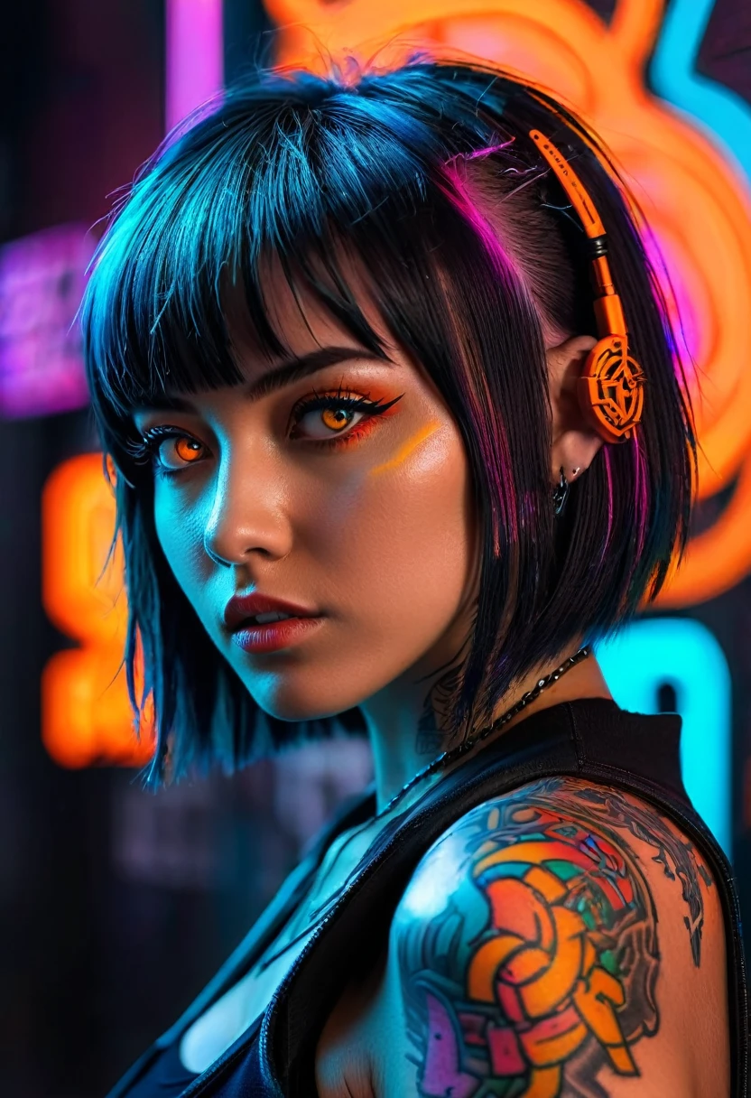 hyper-detailed portrait of a girl, profile, overhead shot, low head, cyberpunk, tattoos, perfect orange eyes, direct gaze, bright colors, very high contrast, side lighting, hair straight half-length hair, straight bangs, hair covers half the face, background with neon graffiti, hyper-realistic, 4K, half body portrait, cinematic, movie still, captured in the style of Sony Alpha A7 III camera