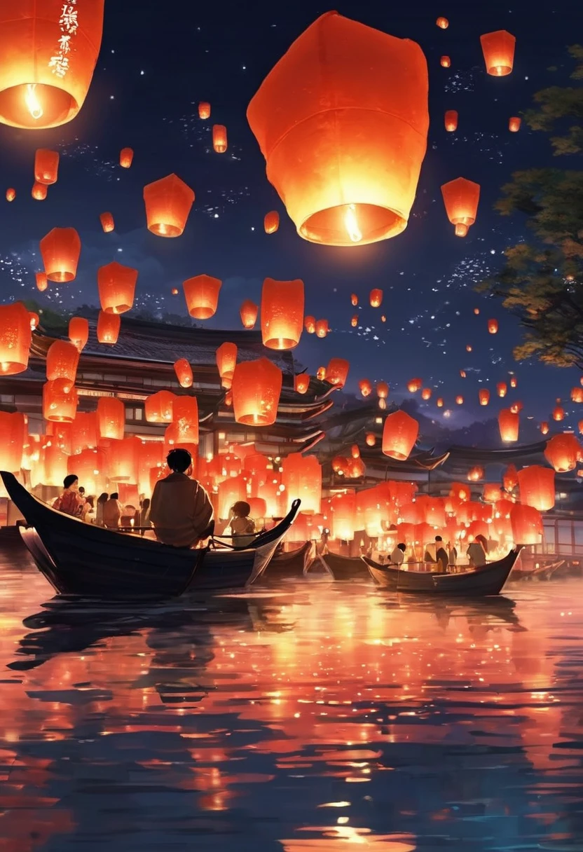 1.Place the river lanterns by the river，Many sky lanterns are lit on the water, floating lights, Lights and reflections, Glowing lights! Intermediate Metaverse Elements，number, glowing reflections, think. author：Shinkai Makoto, Water Lanterns, A quiet night. Digital Illustration, Beautiful Ambience, Night sky lights, Peaceful evening atmosphere, 美丽的number艺术作品, Low Detail. number, Beautiful Ambience