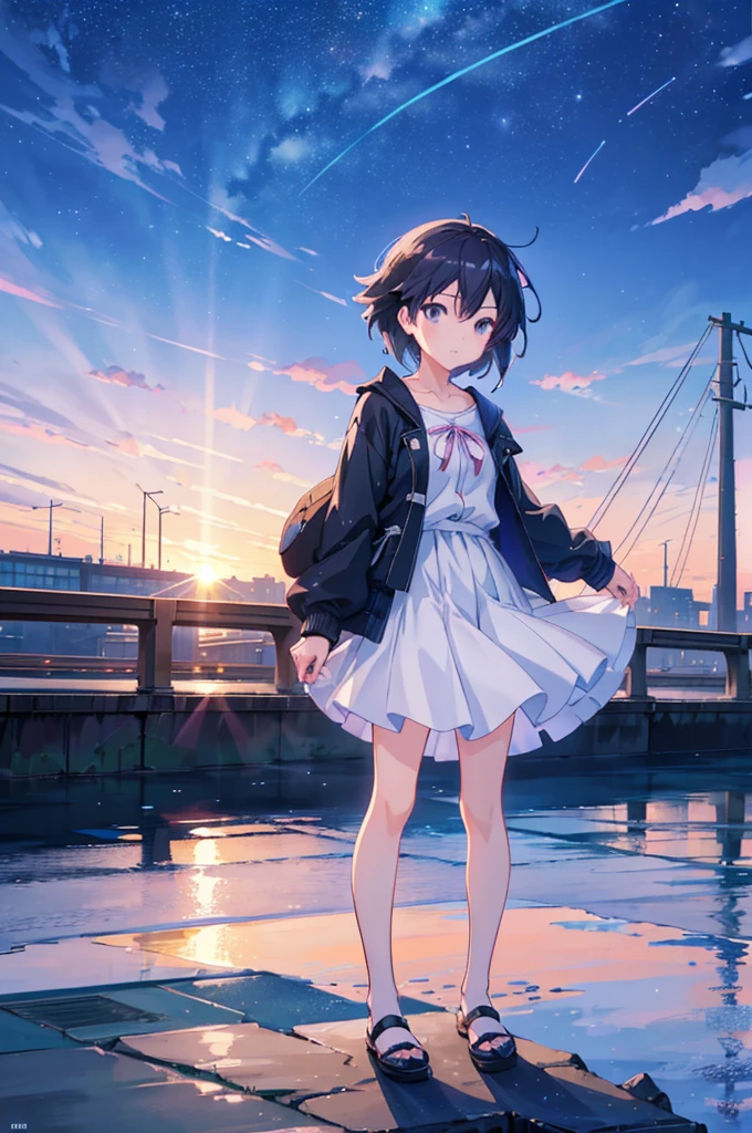 橋の上に立って夜空を眺める少女, 新海誠にインスパイアされたアニメの絵, CG学会のホットトピック, 連続アート, アニメアート壁紙 4k, アニメアート壁紙 4k, アニメ壁紙4k, アニメ壁紙4k, アニメスタイル 4k, アニメの女の子のデスクトップの背景, アニメアート壁紙 8K, 4Kアニメ壁紙