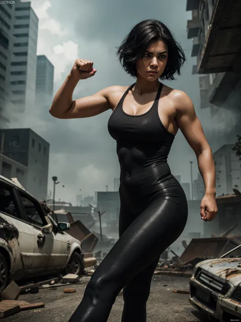 a busty girl with bob-undercut hair in fierce fighting stance,determined expression,oval face,dimples,mole,deep-set eyes,pouty l...