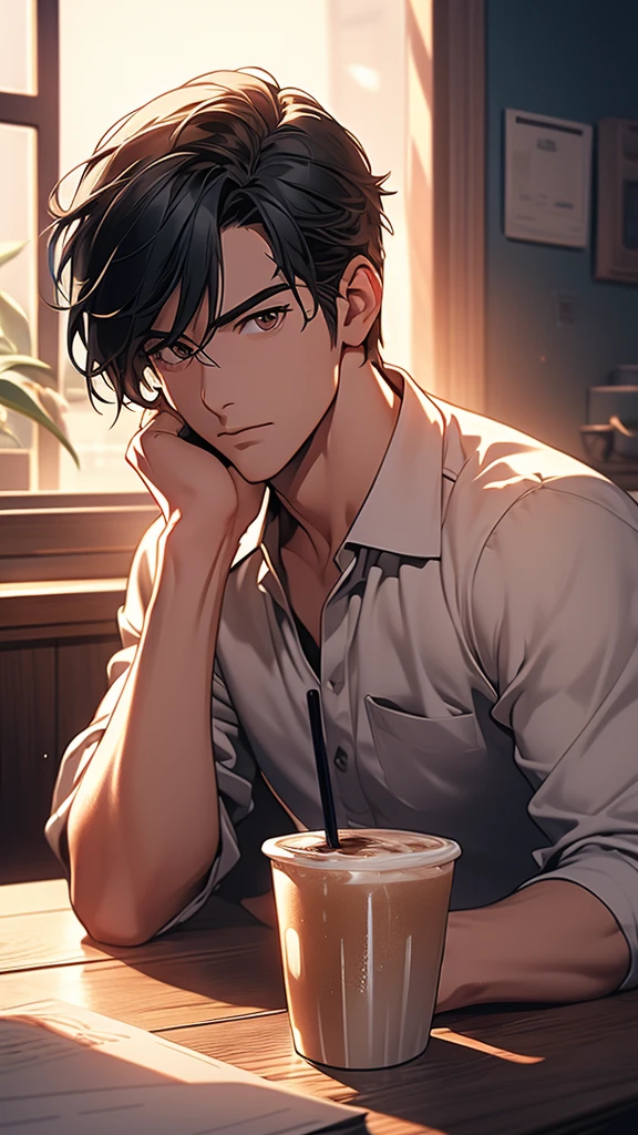 (Extremely detailed CG unified 8k wallpaper),(masterpiece), (best quality), (Super detailed), (Best illustration),(The best shadow), A man，Drink coffee，Stand by the window，black hair，It&#39;s dark indoors，The city lights outside the window are bright，silence，White T-shirt，jeans，Half-length photo，placed on the table