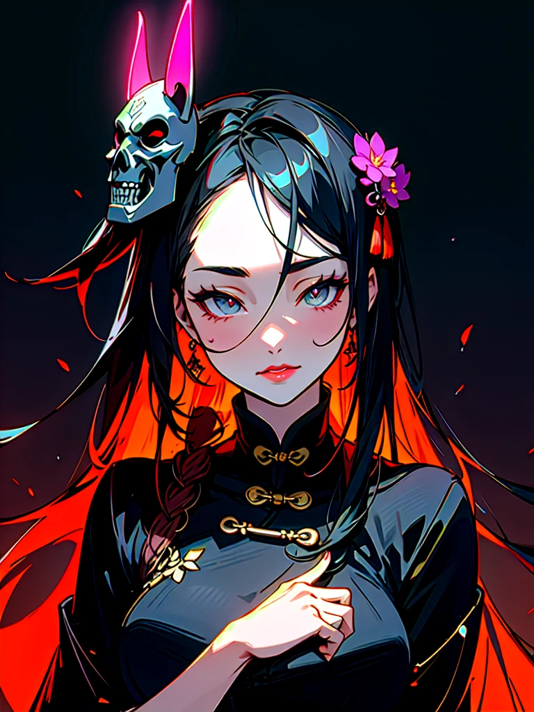 mask off China, dark black background, neon flowers, detailed, uhd, long hair, nsfw, wallpaper