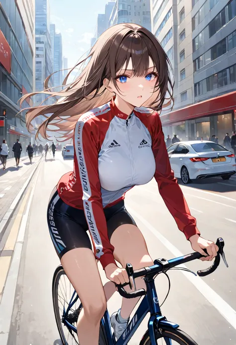 masterpiece, best quality, ultra detailed, detailed eyes, a woman with long, dark brown hair and bangs, riding a bicycle on a bu...
