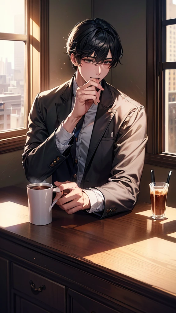 (Extremely detailed CG unified 8k wallpaper),(masterpiece), (best quality), (Super detailed), (Best illustration),(The best shadow), A young man，Drink coffee，Stand by the window，black hair，It&#39;s dark indoors，The city lights outside the window are bright，silence，White T-shirt，jeans，Half-length photo，placed on the table