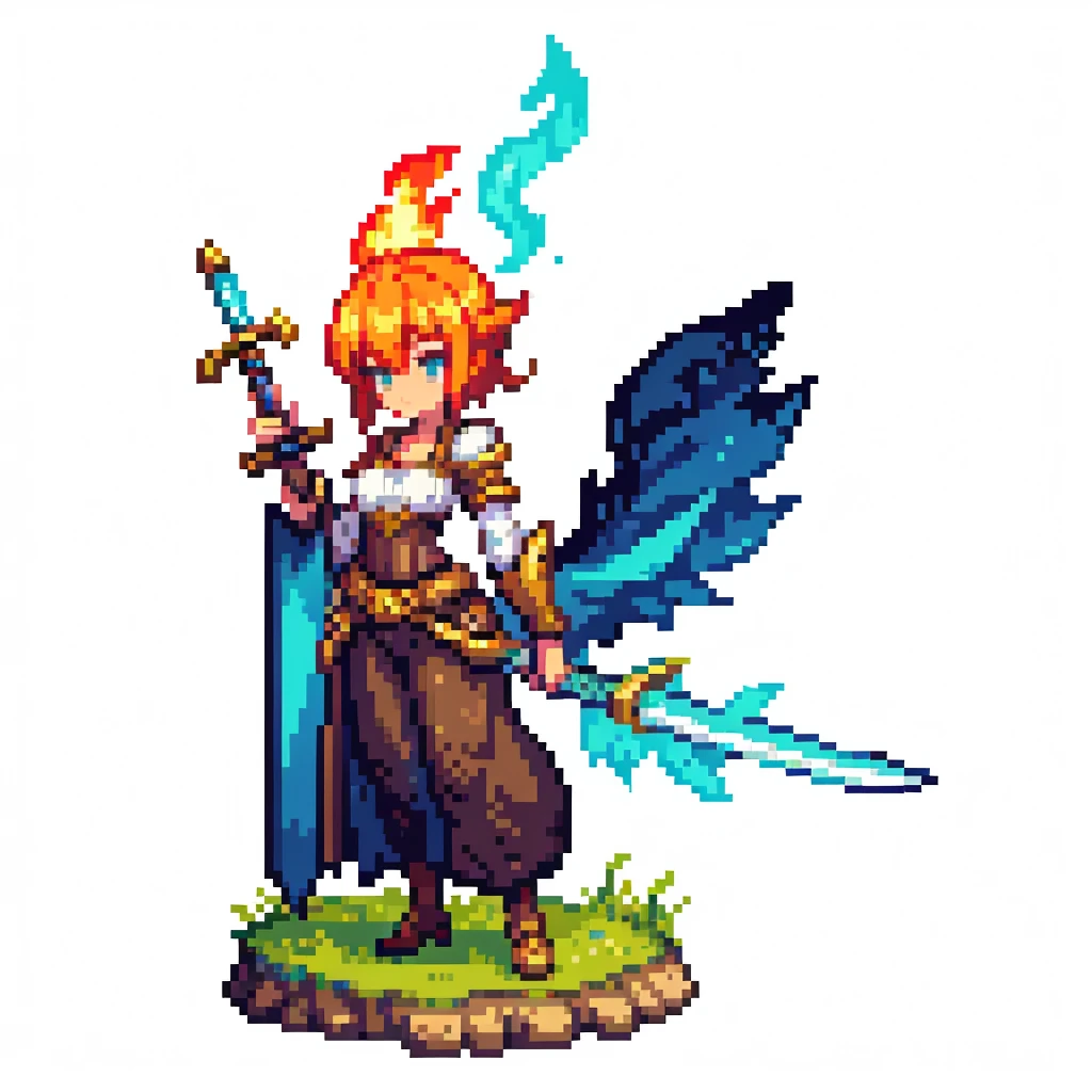 masterpiece , best quality , pixel art , fire , fantasy , sword , white background