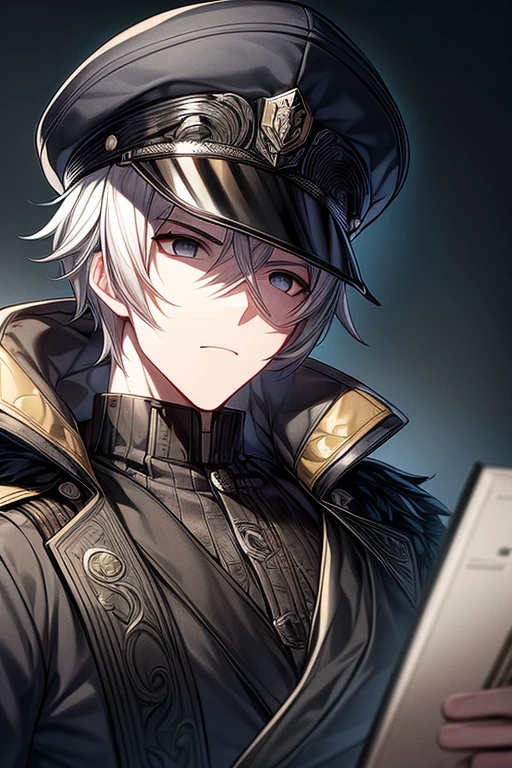 (masterpiece, best quality, perfect face, expressive eyes), 1boy, (anime), (male), intricate details, white hair, black eyes, grey officer cap, grey military uniform, grey coat cape, 