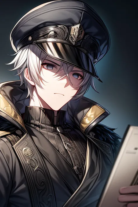 (masterpiece, best quality, perfect face, expressive eyes), 1boy, (anime), (male), intricate details, white hair, black eyes, gr...