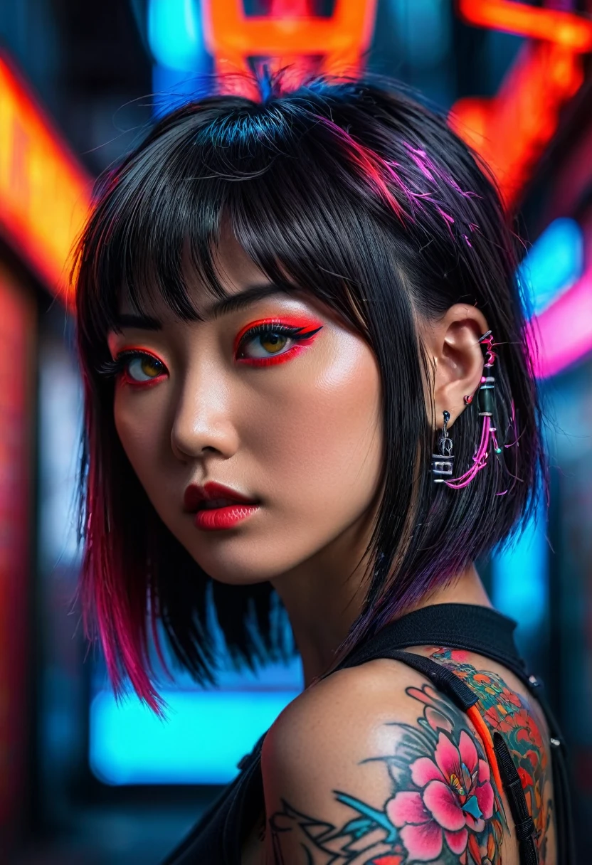 hyper-detailed portrait of a japanese girl, profile, overhead shot, low head, cyberpunk, tattoos, perfect red eyes, direct gaze, bright colors, very high contrast, side lighting, hair straight half-length hair, straight bangs, hair covers half the face, background with neon graffiti, hyper-realistic, 4K, half body portrait, cinematic, movie still, captured in the style of Sony Alpha A7 III camera