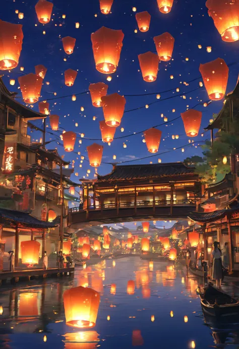 1.place the river lanterns by the river，many sky lanterns are lit on the water, floating lights, lights and reflections, glowing...