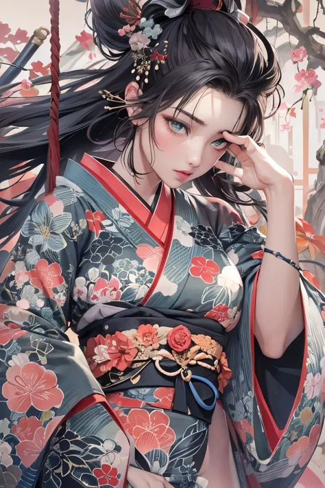 wait warrior sexy, pretty face, delicious company, alluring figure, wearing a sexy open kimono. the artwork is created in a medi...