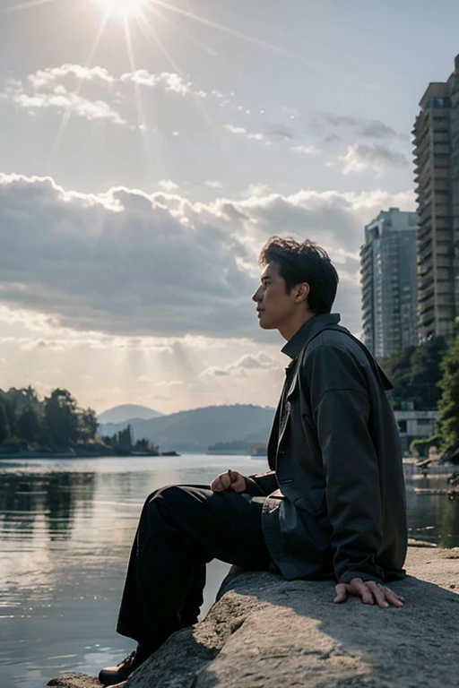 Cierto personaje está sentado sobre una roca., frente a un lago con altura, imponentes edificios detrás de él en una ciudad, está angustiado y pensativo. El rayo de sol que cae sobre el lago casi le quita el color gris al cielo, trae al personaje la esperanza de actuar como un superhéroe, eso te ayudará, es el culto de la escena.