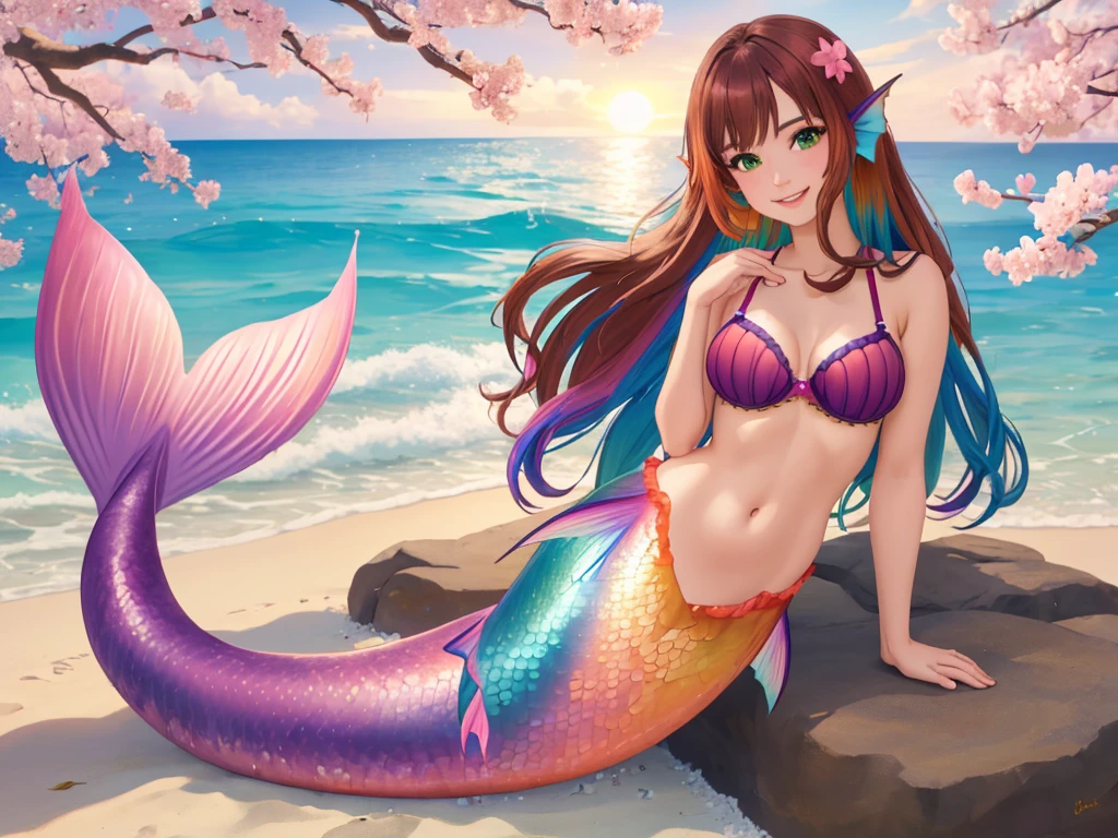 masterpiece, best quality:1.2), 1girl, smile, looking at viewer, green eyes, short brown multicolored hair, mermaid, mermaid girl, wearing purple seashell bra, laying on belly on beach, colorful mermaid tail, outdoors, head fins, fin ears, under cherry blossoms