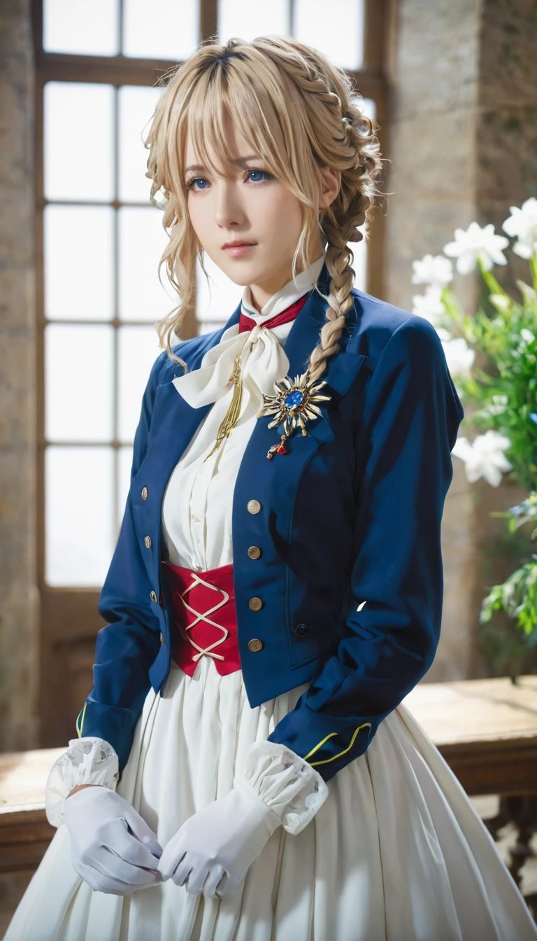 violet evergarden, braid, hair ribbon, red ribbon, jewelry, white ascot, brooch, blue jacket, long sleeves, mechanical hands, white dress, long dress