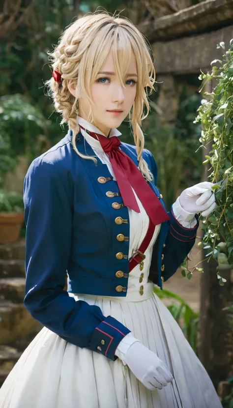 violet evergarden, braid, hair ribbon, red ribbon, jewelry, white ascot, brooch, blue jacket, long sleeves, mechanical hands, wh...