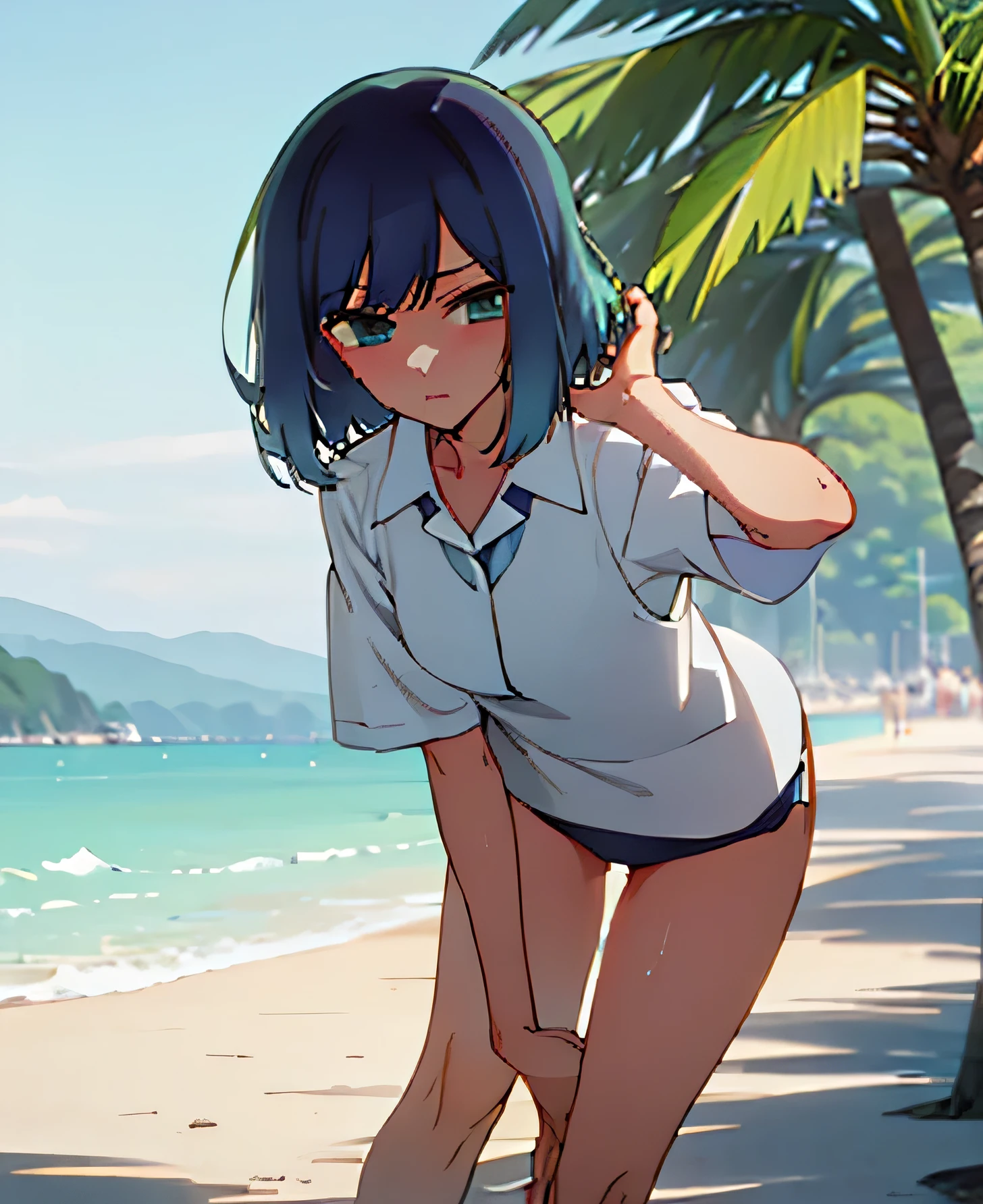 Anime girl in white shirt and blue shorts on beach with palm trees - SeaArt  AI