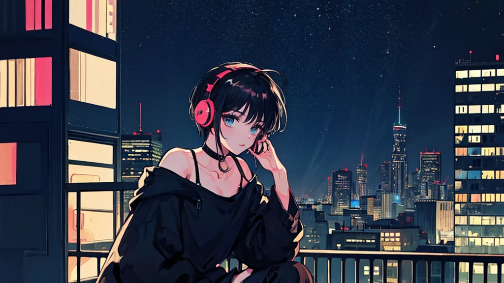 Black short Hair, Black Clothing, One Adult Woman Looking Sideways ,Blue headphones、 City of night, Delicate background、Masterpiece、Night Town、night、dark、Nostalgic、City