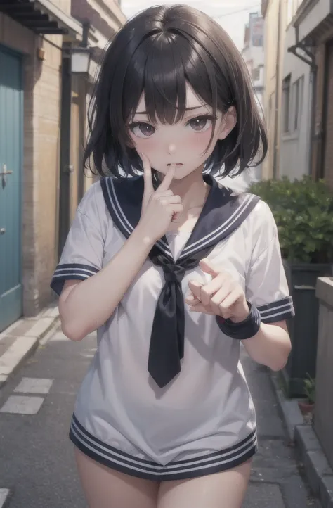 highest quality , high resolution , detailed cg , short hair , sailor suit , modest chest , black hair , thumb、index finger、midd...