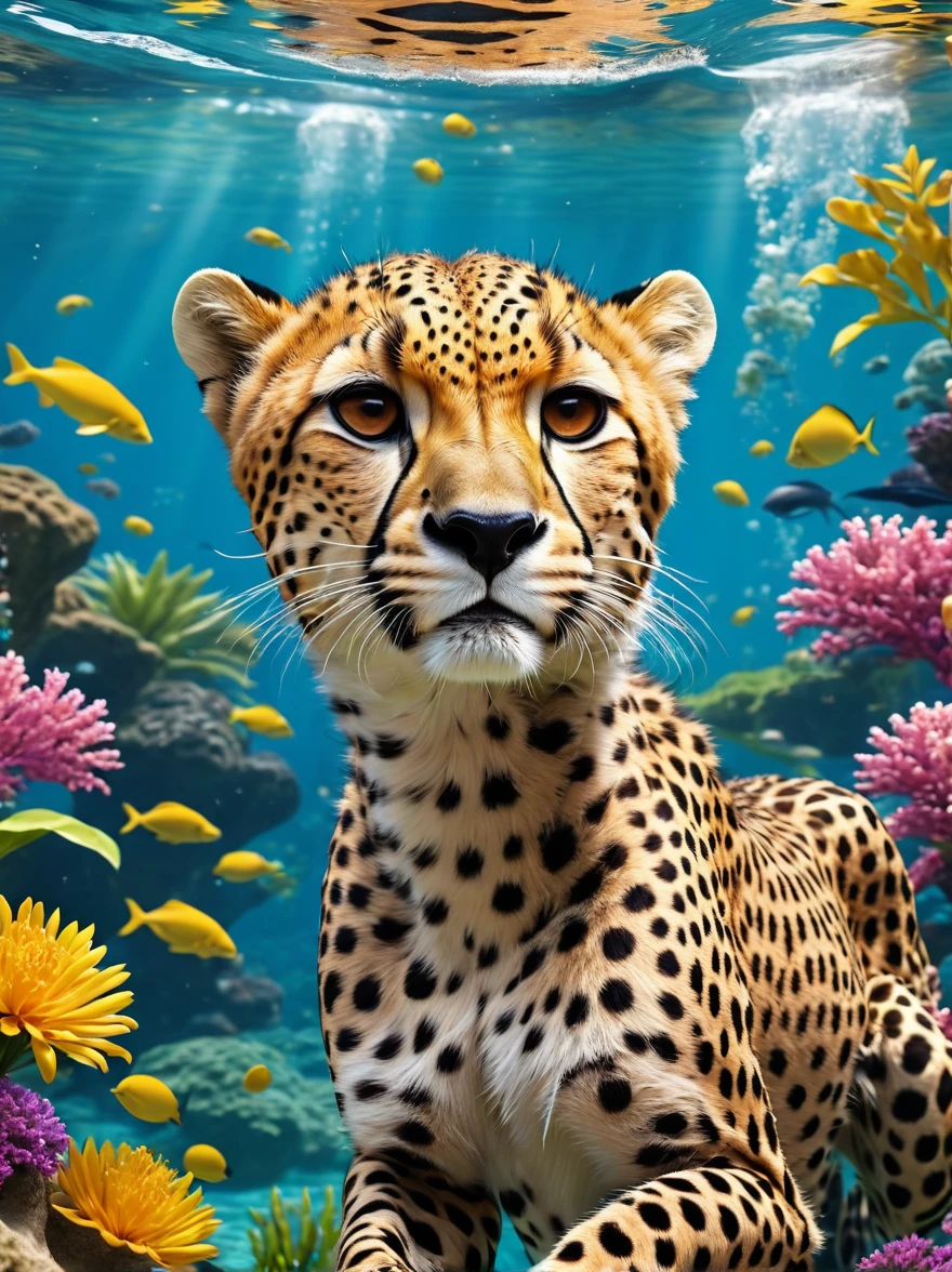 Счастливый гепард плавает под водой，Приятно провести время，Счастливого детства и летних каникул，высокое качество照片реалистичный的，8К，Богатый деталями，реалистичный，высокое качество