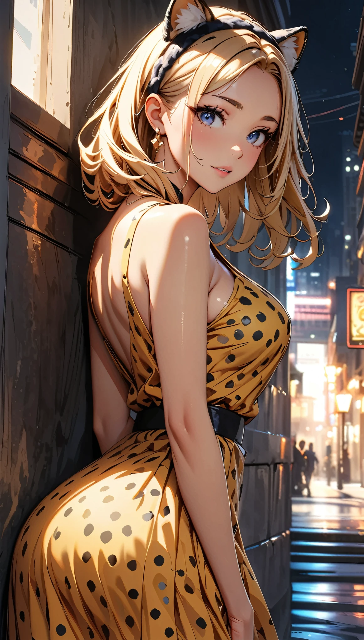 (Highest quality:1.2, High Detail, masterpiece:1.2, Best aesthetics), (1 girl), Beautiful woman, Cheetah Girl:1.2, Beautiful detailed eyes, Beautiful detailed lips, Highly detailed face, Detailed Fashion, elegant, luxury, High quality fabric, Shine, Shine, Leaning against a wall, Gaze lustfully at the viewer, Downtown, ((Cheetah Headband, Yellow and black polka dot dress:1.4, Obscene)), Cowboy Shot, Dramatic lighting, Cinematic, Bright colors, Intricate details, Chiaroscuro lighting.