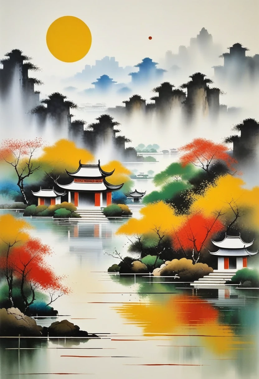 pintura decorativa en salón：Tinta abstracta geométrica，Describir el complejo de arquitectura paisajística de Jiangnan，Wu Guanzhong&#39;El estilo de s es una expresión artística que combina técnicas tradicionales de tinta china con conceptos de pintura occidental.... Se caracteriza por una interpretación moderna de un tema tradicional..., Crea efectos visuales únicos a través de colores y líneas...