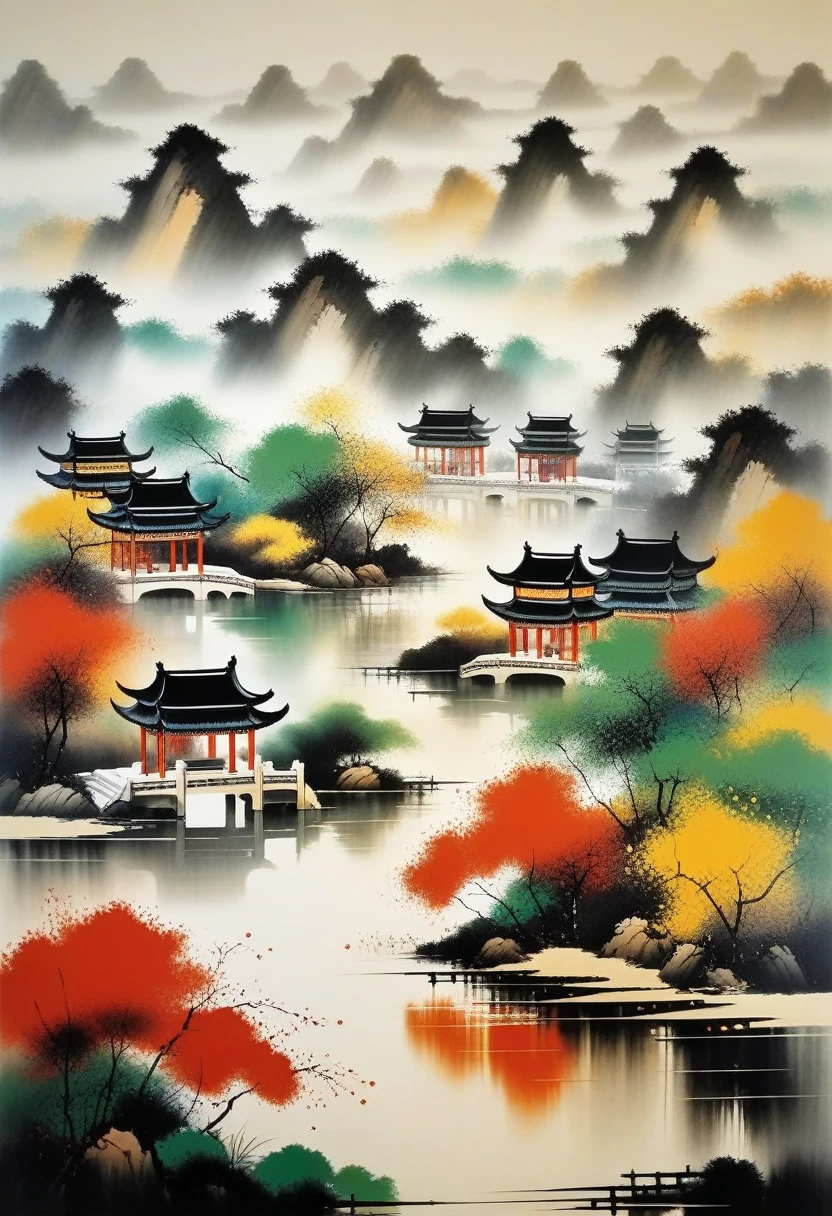 pintura decorativa na sala：Tinta abstrata geométrica，Descrever o complexo de arquitetura paisagística de Jiangnan，Wu Guanzhong&#39;Seu estilo é uma expressão artística que combina técnicas tradicionais de tinta chinesa com conceitos de pintura ocidental... Caracteriza-se por uma interpretação moderna de um tema tradicional.., Cria efeitos visuais únicos através de cores e linhas..