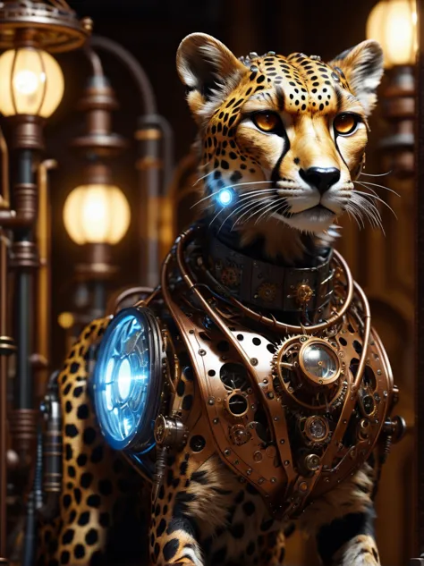 Look through the translucent body of the steampunk cheetah，There are beautiful lights inside，Detailed and realistic，8K  UHD，high...