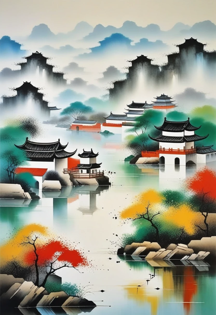 peinture décorative dans le salon：Encre abstraite géométrique，Décrire le complexe d&#39;architecture paysagère de Jiangnan，Wu Guanzhong&#39;Le style de S est une expression artistique qui combine les techniques traditionnelles de l&#39;encre chinoise avec les concepts de peinture occidentale.... Il se caractérise par une interprétation moderne d&#39;un thème traditionnel.., Crée des effets visuels uniques grâce à la couleur et aux lignes..